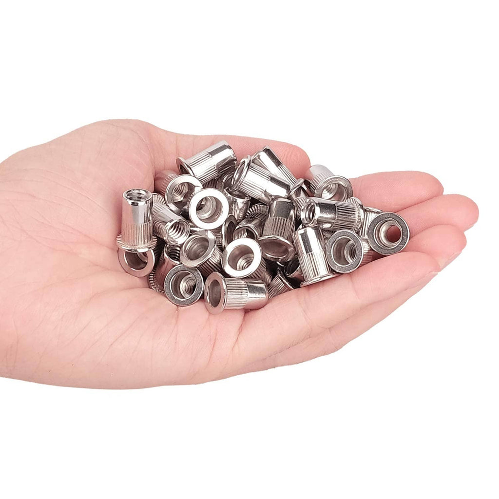 Stainless steel 1/4"-20 rivet nuts held in hand, knurled outer grip