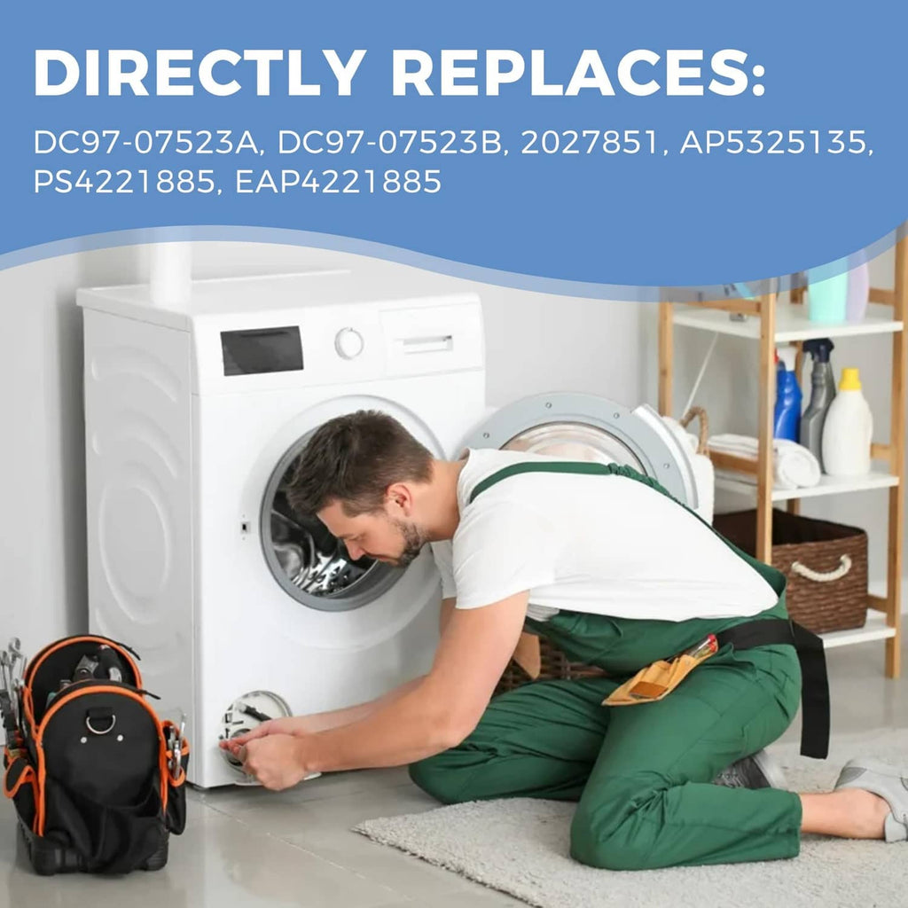 Front-load clothes dryer with open service access, showing drum area for roller replacement