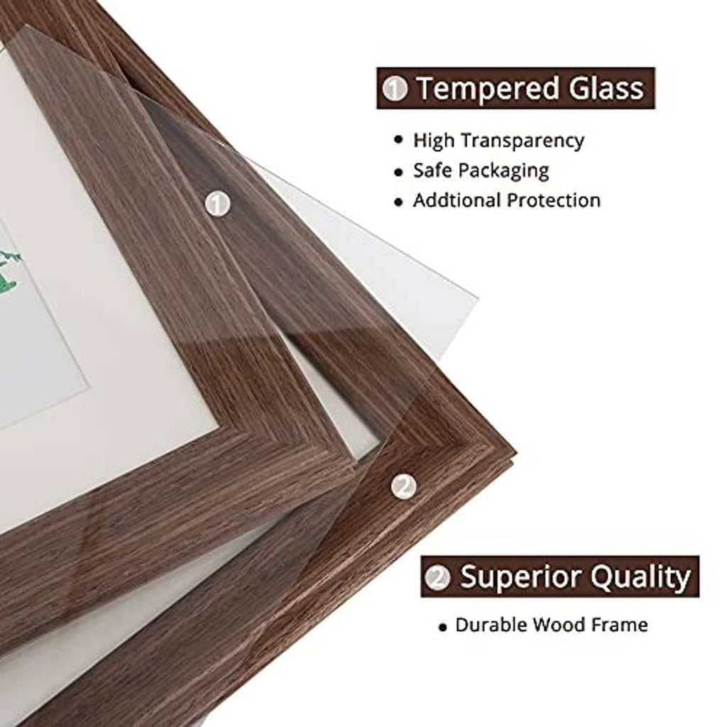 Dark brown wood frame close-up showing layered edges and clear front glass.
