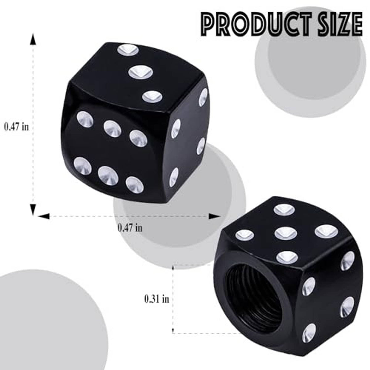 4 black dice-style tire valve stem caps with silver dots, one shows threaded tip
