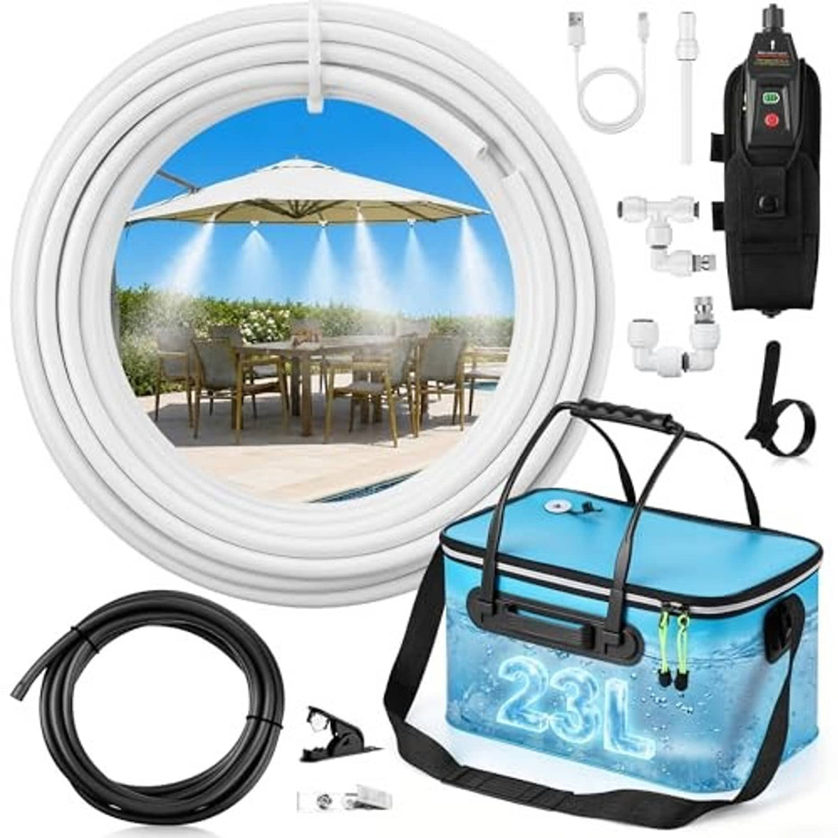 Portable misting system components: blue storage bucket, black pump, and white mist hose