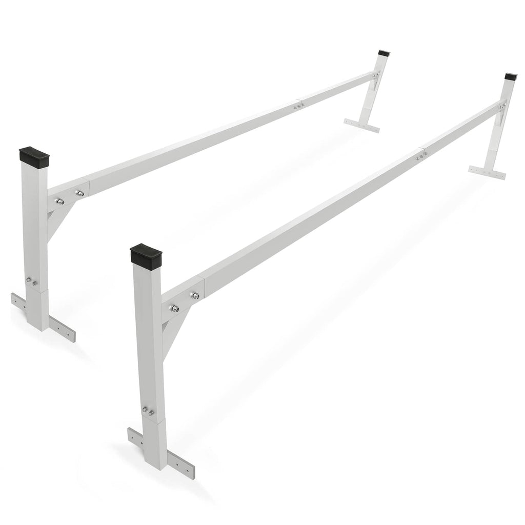 Adjustable roof mount ladder rack support with two bases, cross bar, and black caps