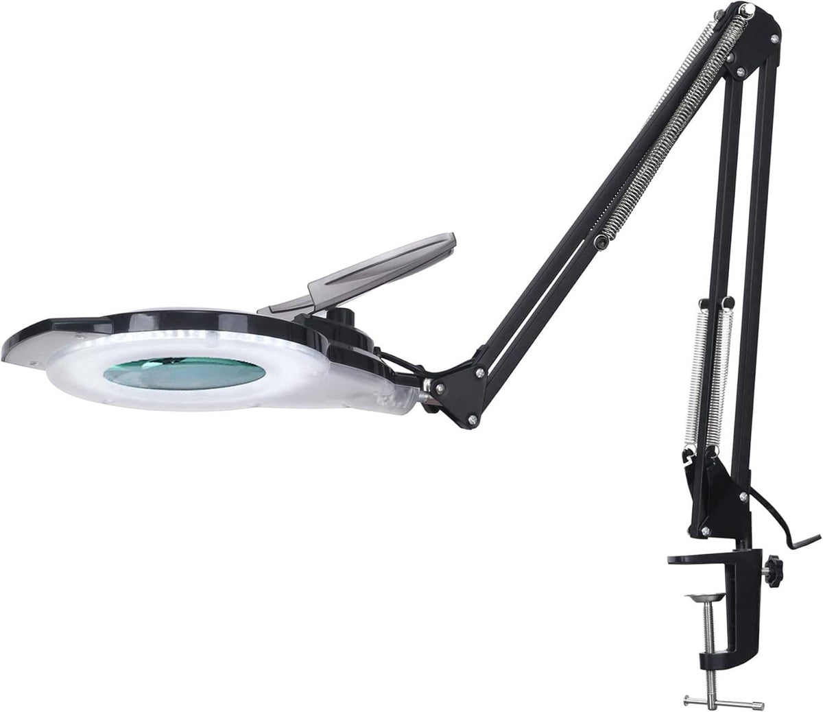 Clamp-on LED magnifying lamp with long black gooseneck, round lens, daylight illumination