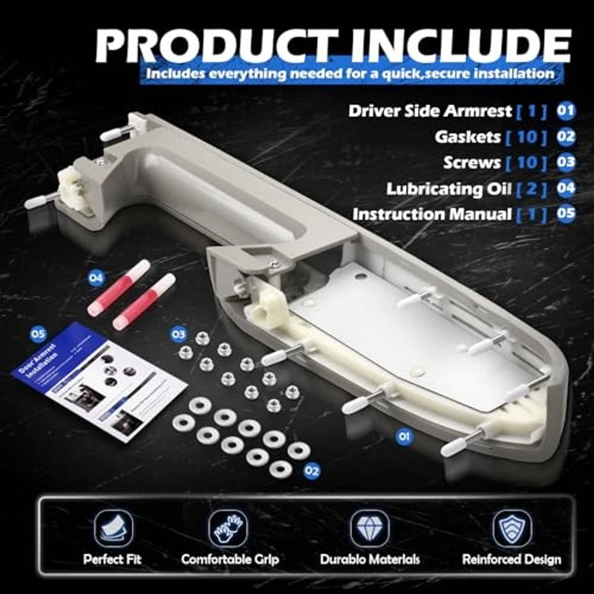 Armrest repair kit parts layout with gaskets, screws, lubricating components, and instruction manual