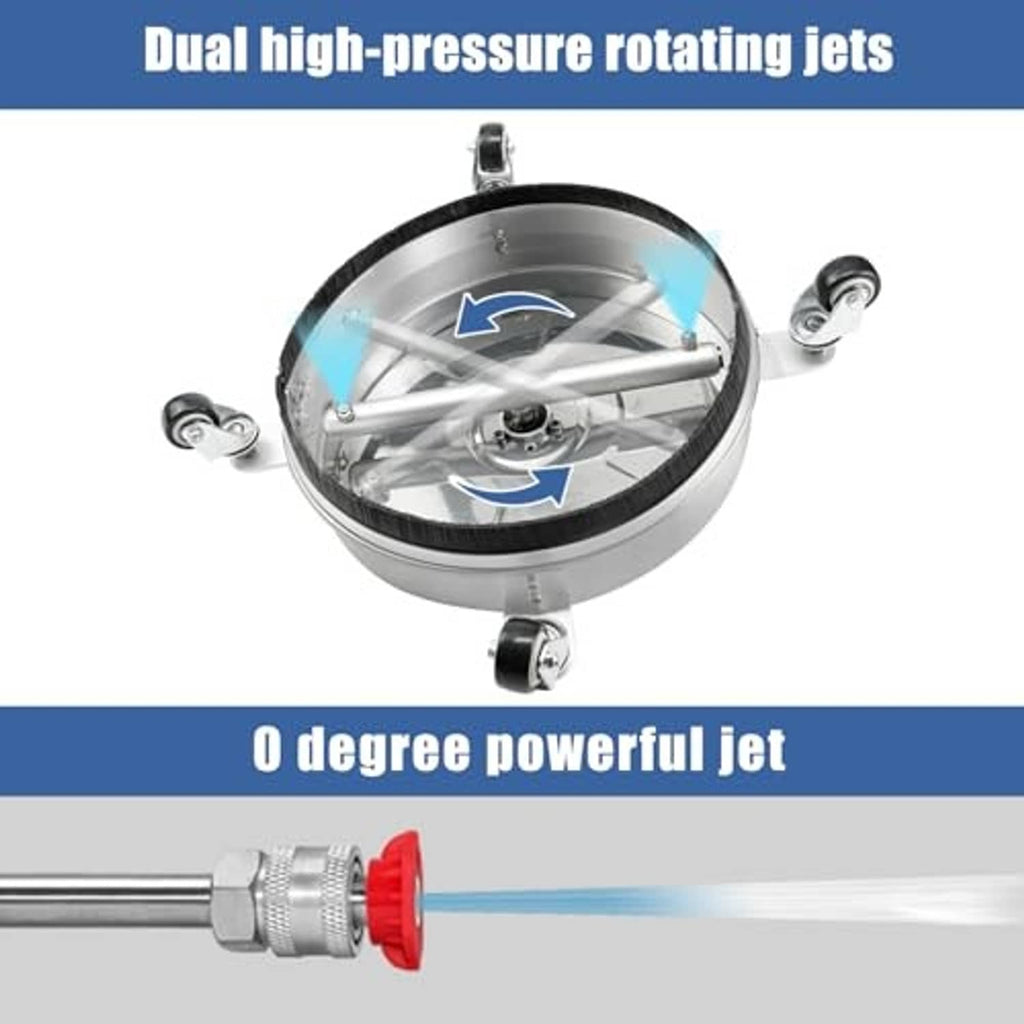 Round surface cleaner with rotating dual jet nozzles and protective skirt
