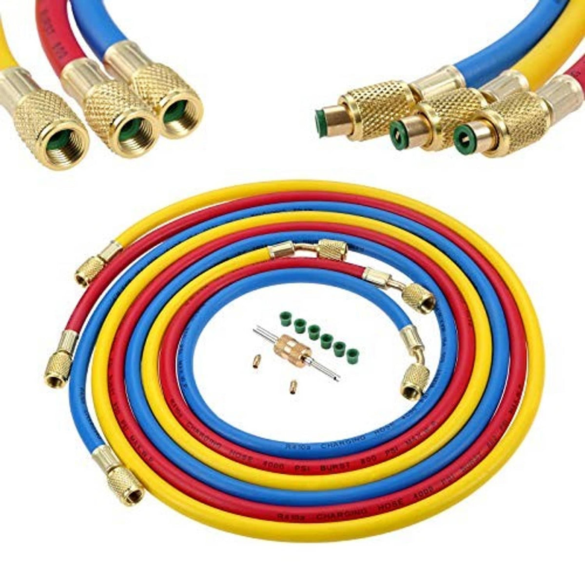 Coiled AC charging hoses with brass fittings and small adapters, red, blue, and yellow