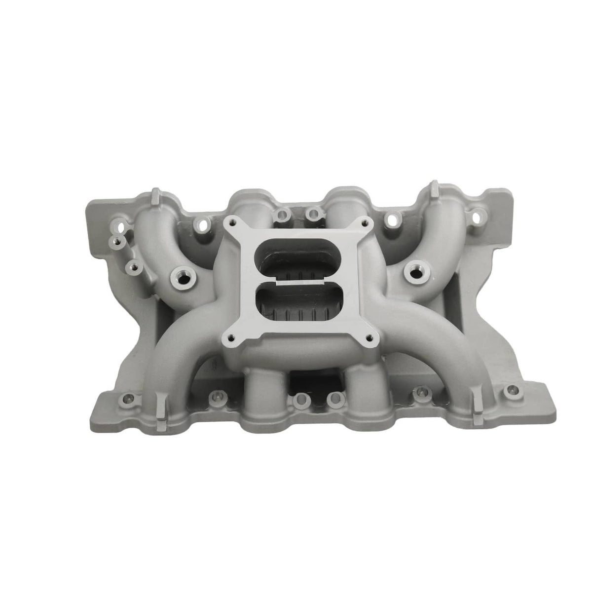 Grey intake manifold with central plate, twin black openings, and bolt mounting tabs