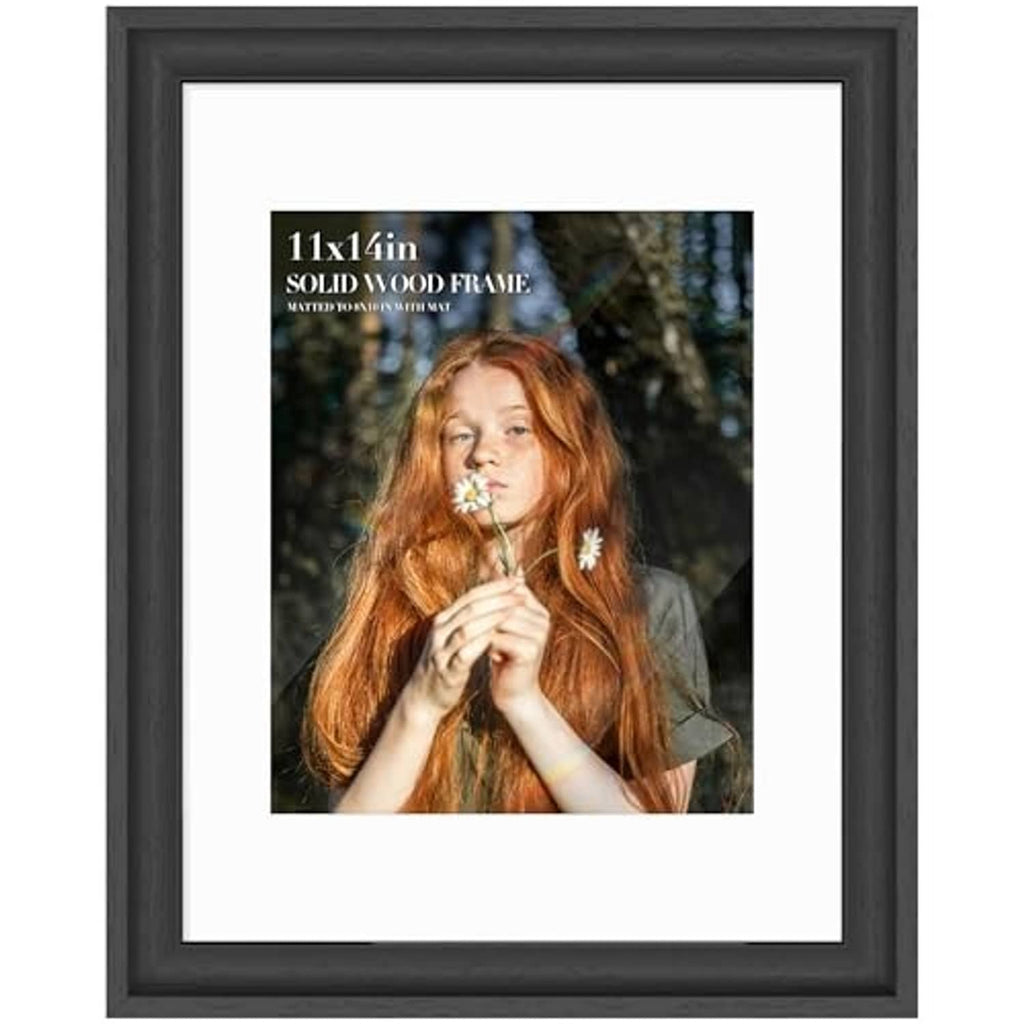 Black textured solid wood picture frame with white mat and tempered glass, 11x14