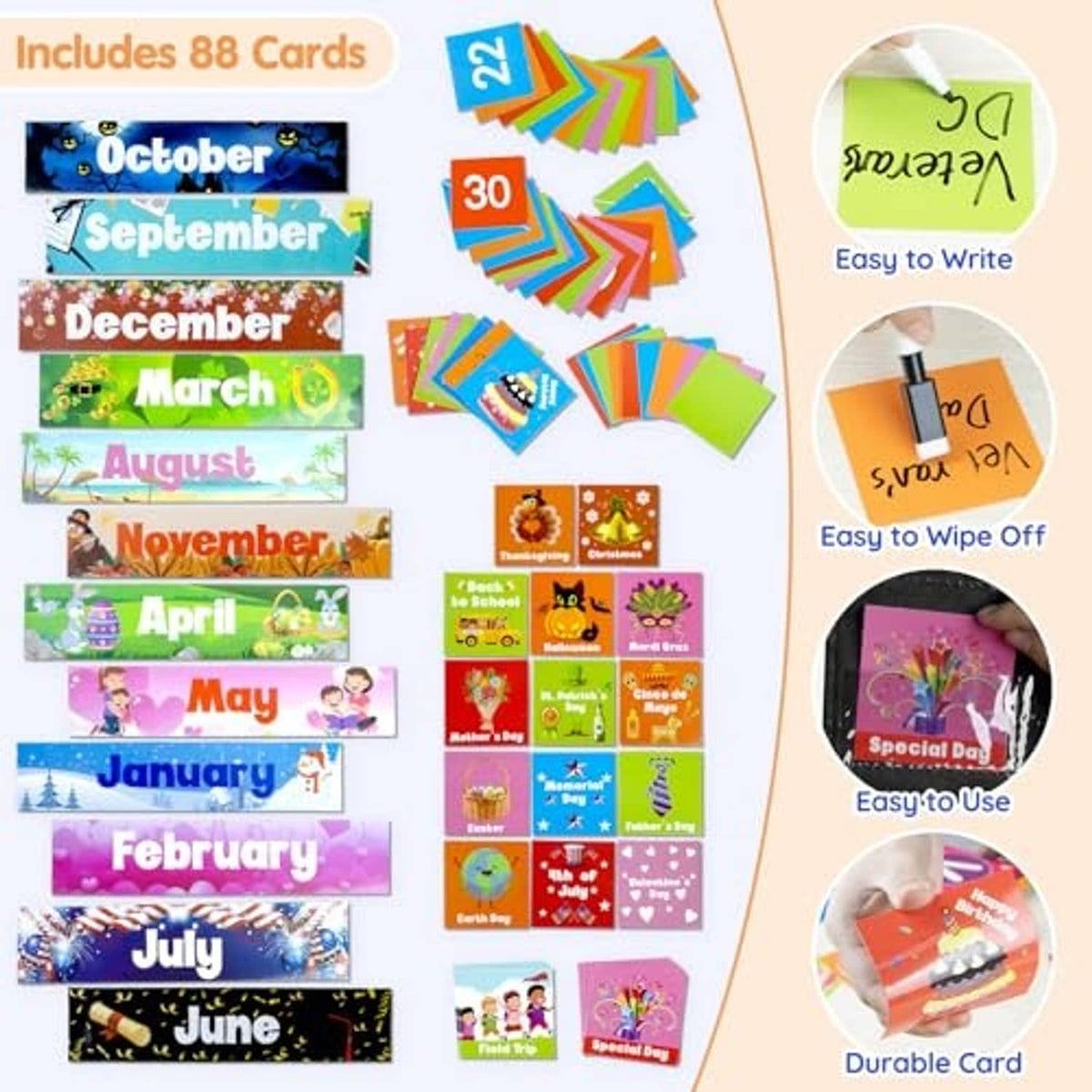 Classroom calendar pocket chart set with 88 cards; easy to write and wipe