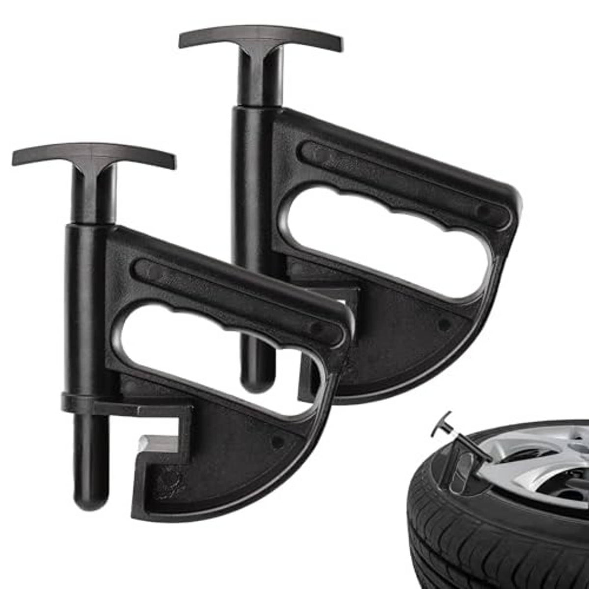 Universal tire bead clamp pair with curved jaw and long pry handles by a wheel