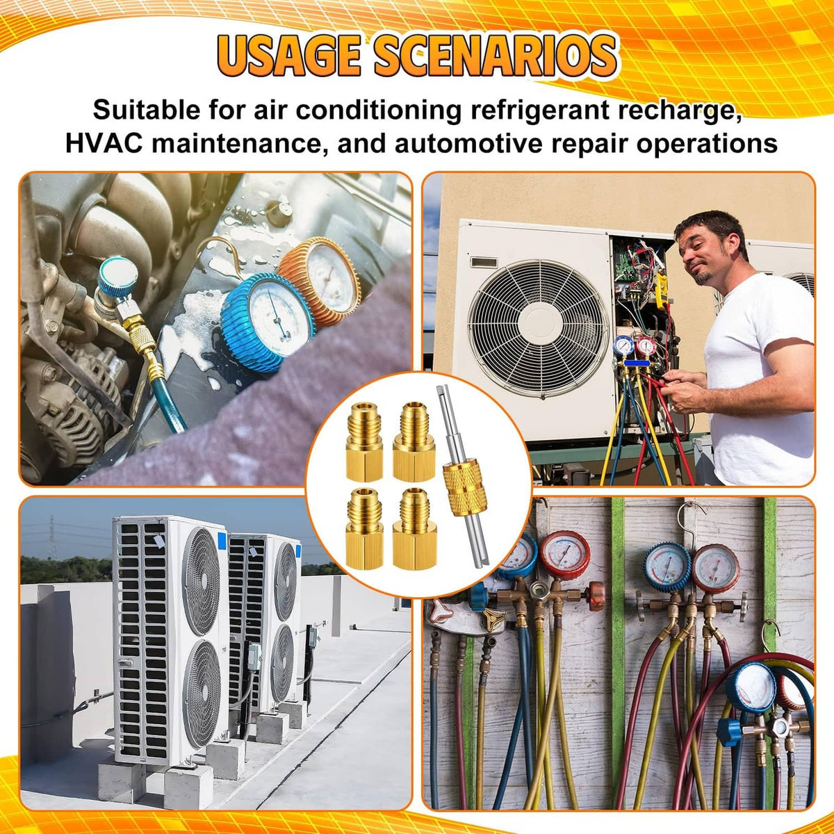 Refrigerant recharge adapter kit for HVAC and automotive AC maintenance with gauges