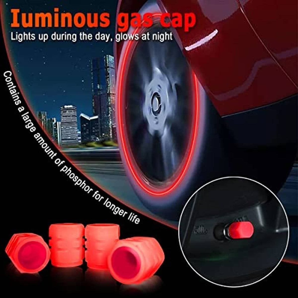 Red luminous tire valve stem caps with rounded glow tips, set shown for nighttime visibility