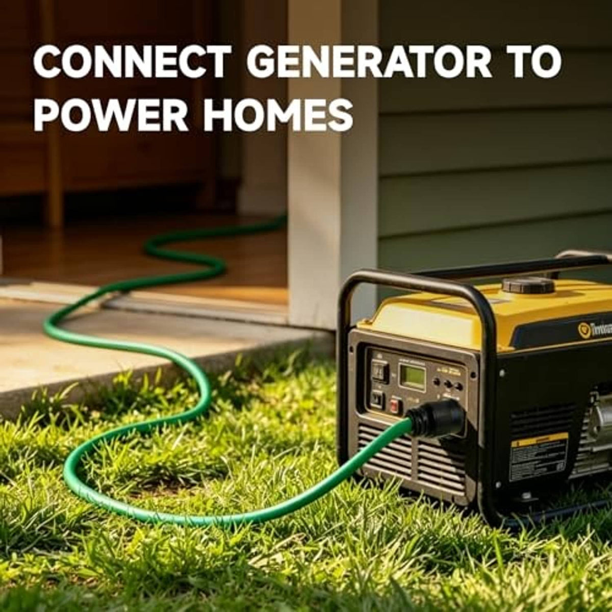 Green extension cord connected to a generator, power outlet plug end visible