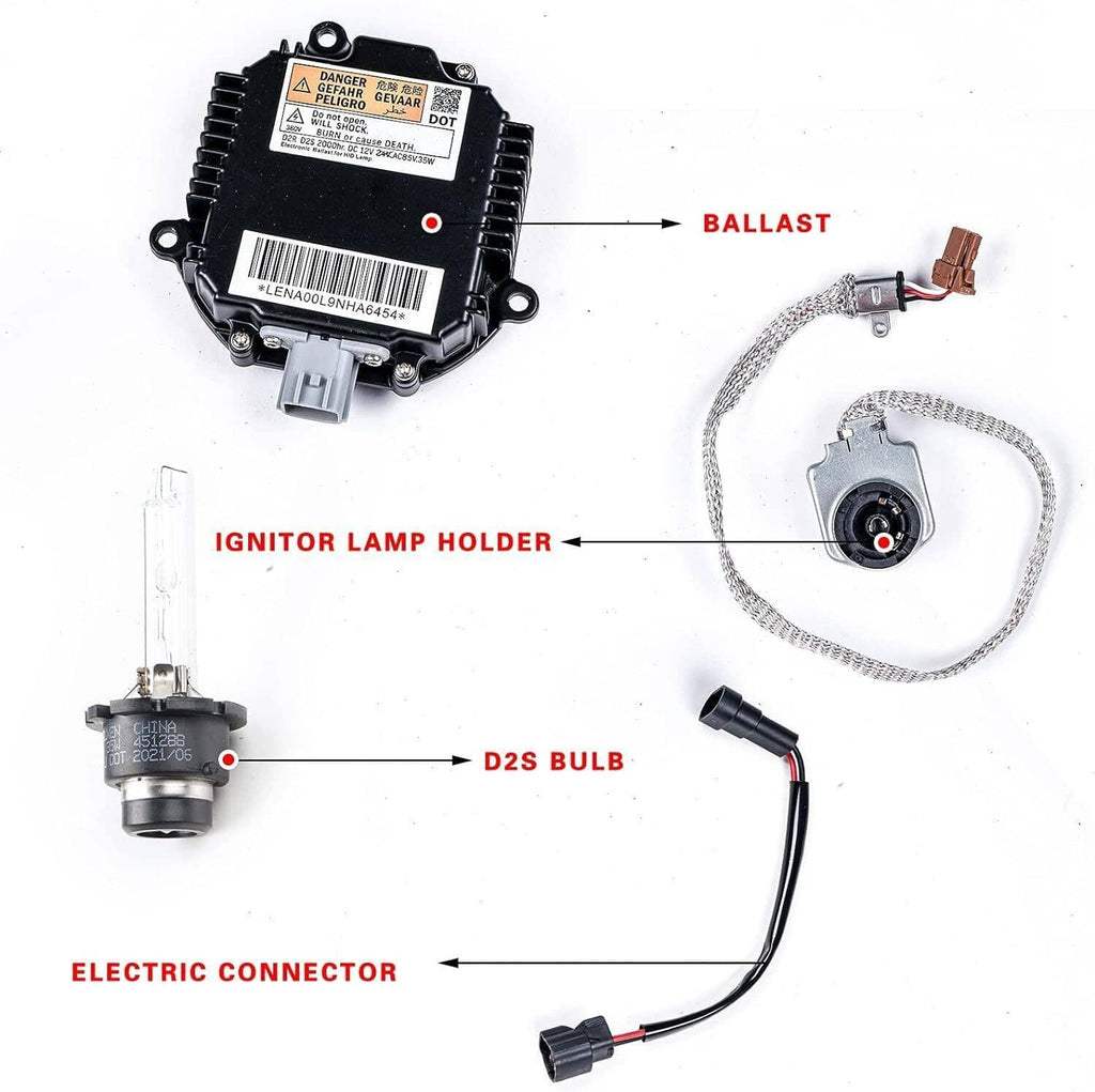 HID ballast igniter kit diagram view showing ballast, igniter lamp holder, and D2S bulb
