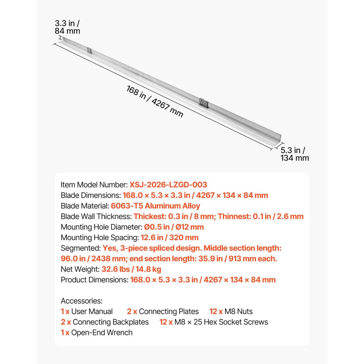 Aluminum screed blade with labeled dimensions, wide 5.3 in base and 3.3 in height