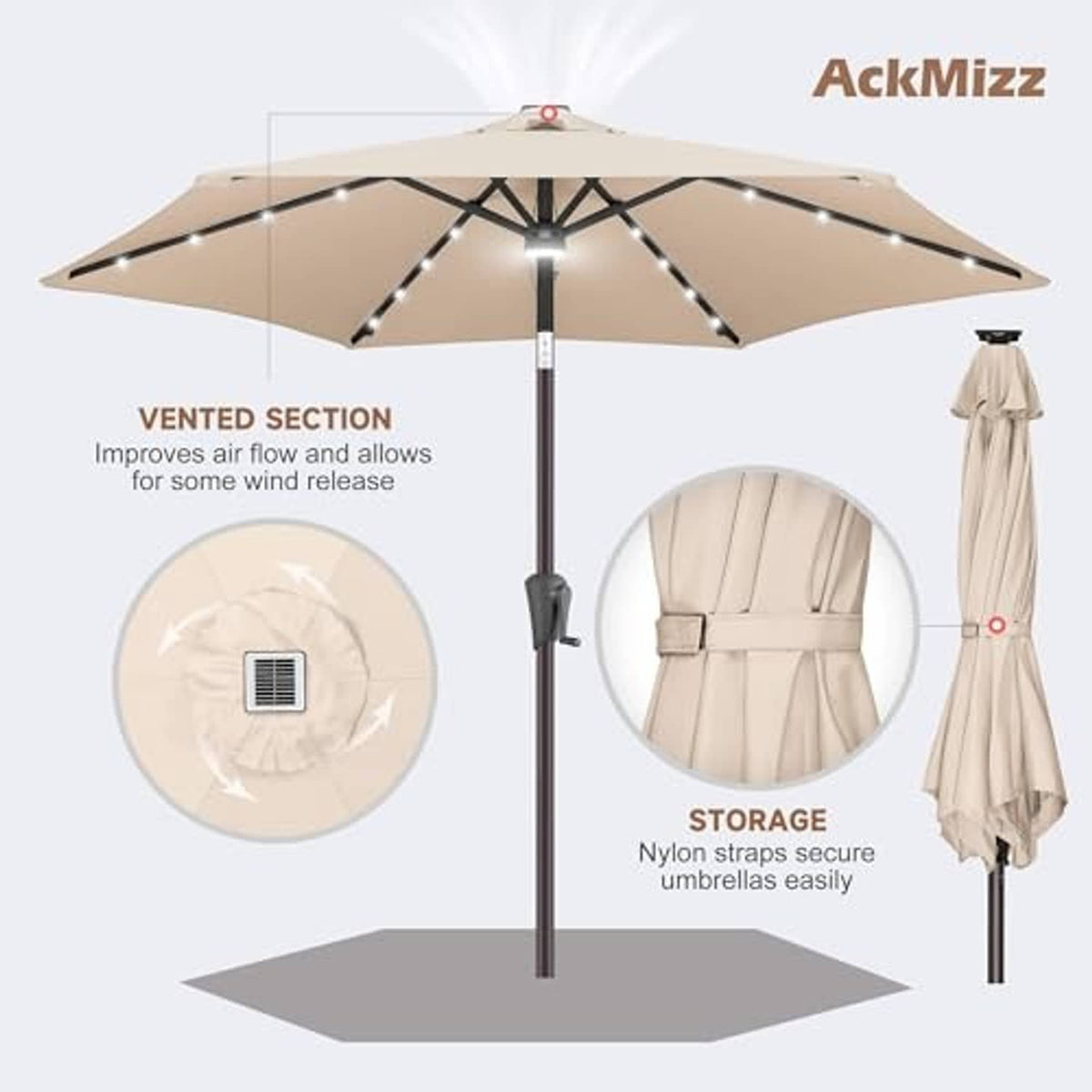 Beige solar patio umbrella with vented canopy, storage straps, and center LED panel.
