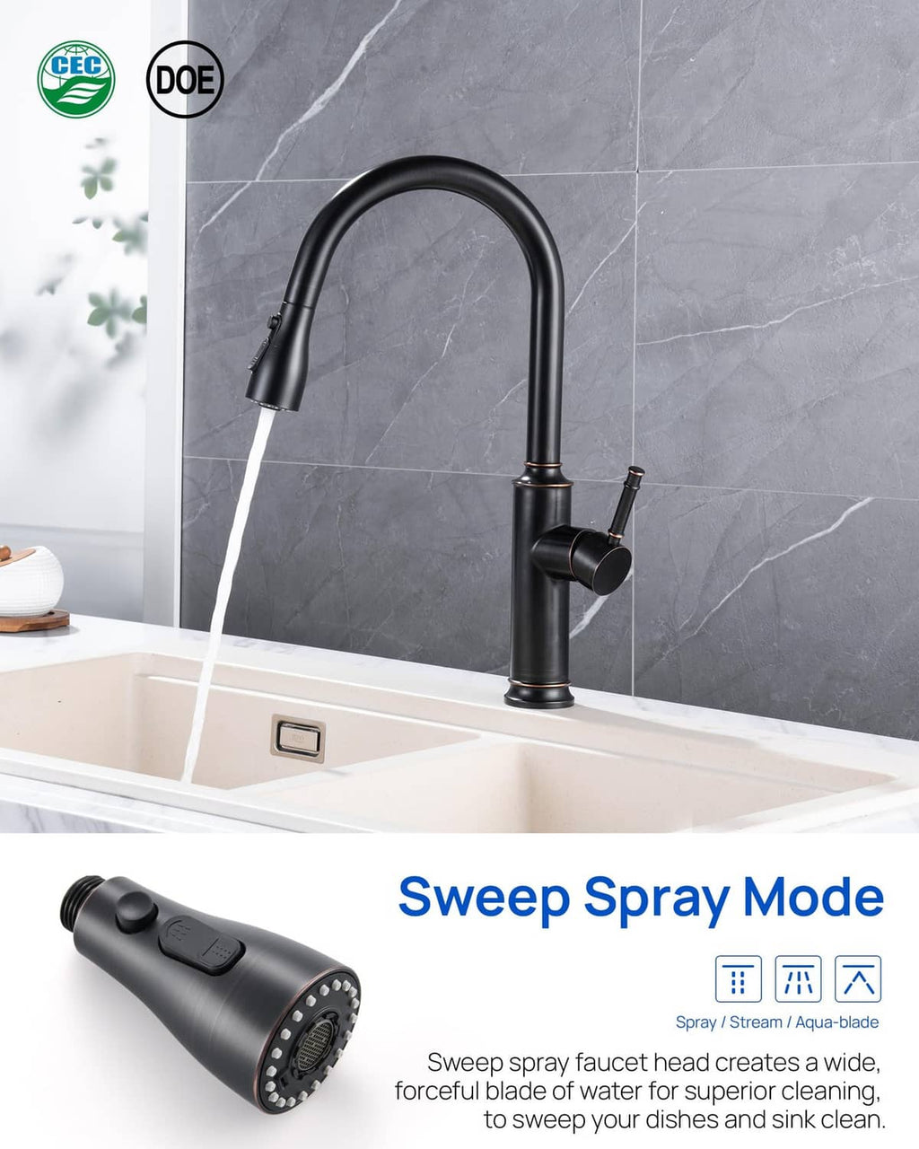 Pull-down kitchen faucet sprayer head in oil-rubbed bronze with sweep spray mode
