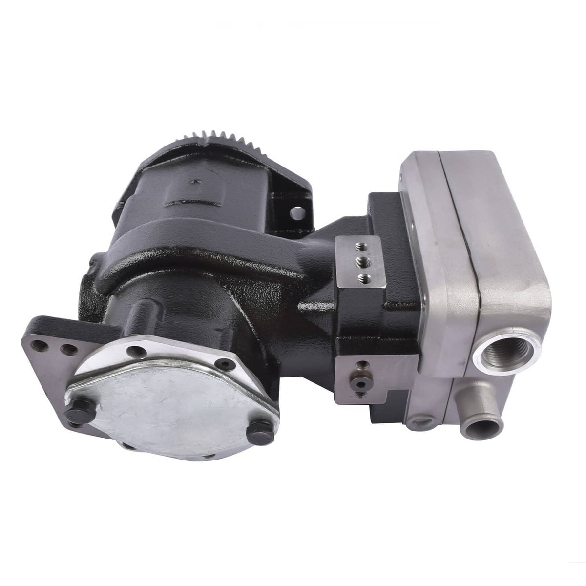 Air compressor unit with black housing, silver end cap, and mounting holes