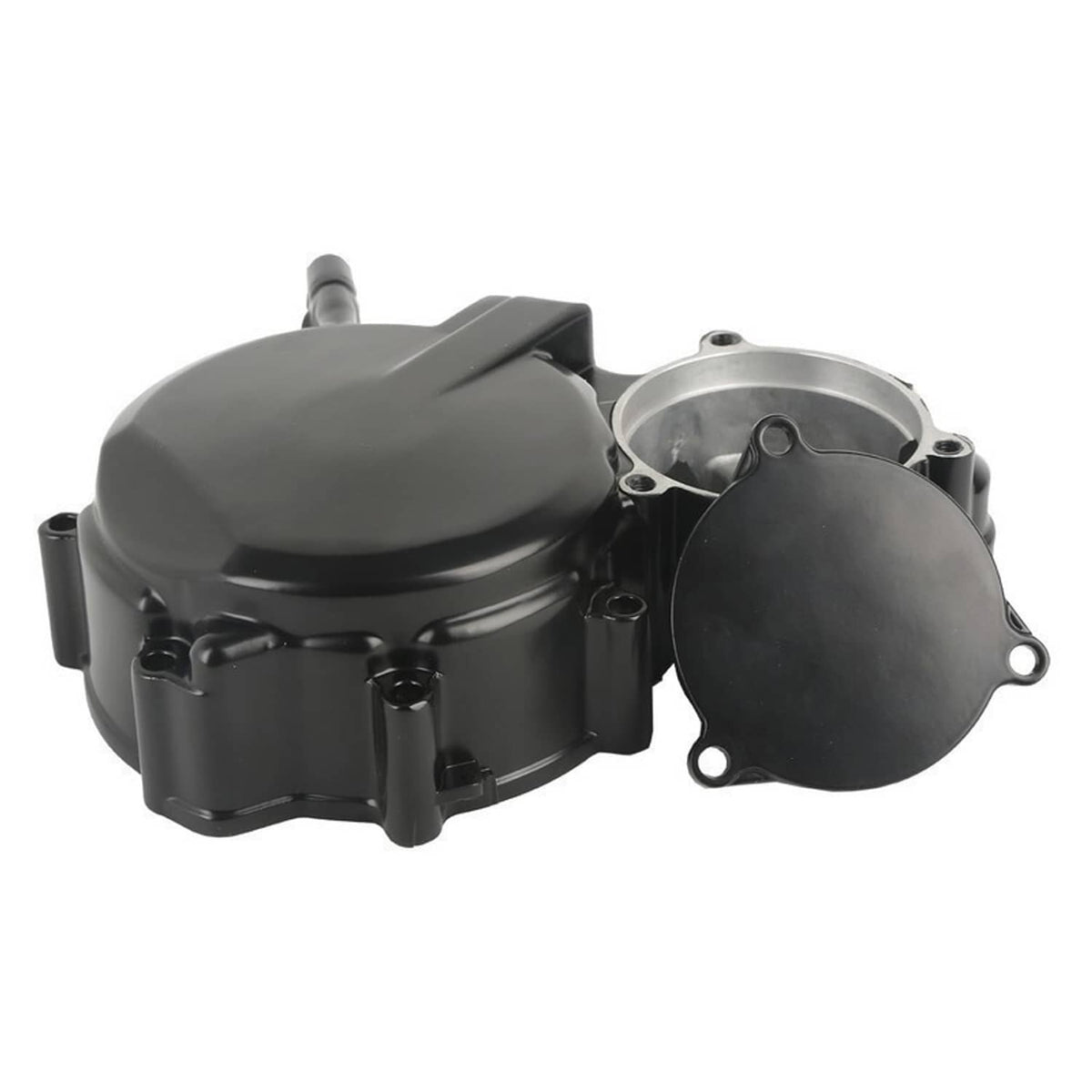 Black aluminum engine cover with silver-cast side cover