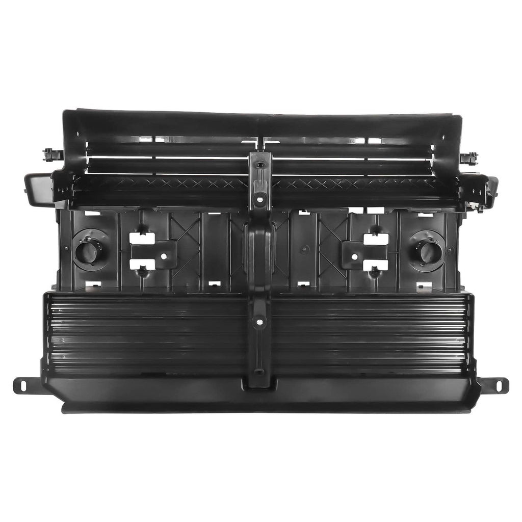 Black motorized active grille shutter assembly with horizontal slats and central motor mount