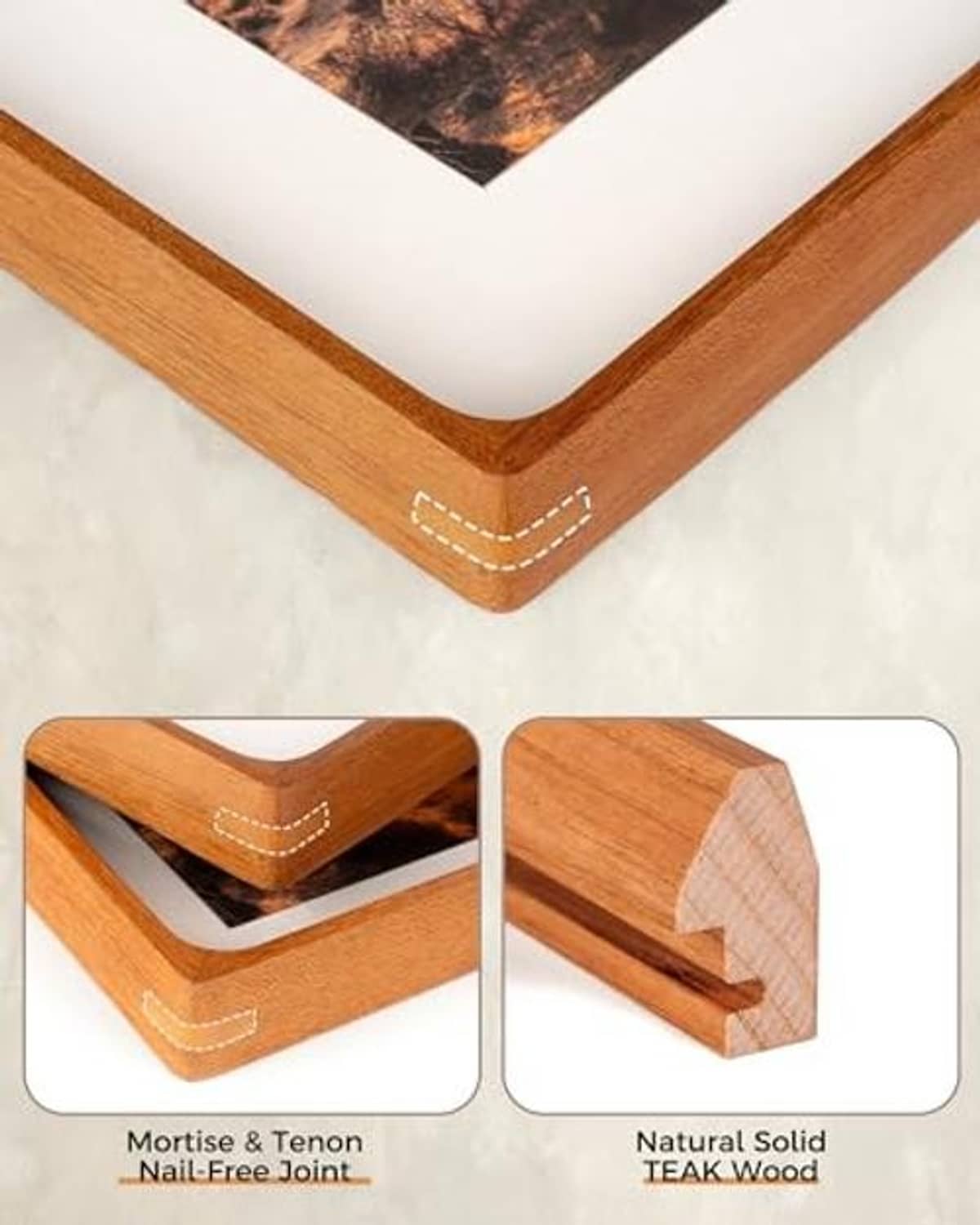 Natural teak wood photo frame corner detail showing miter joint and decorative stitching