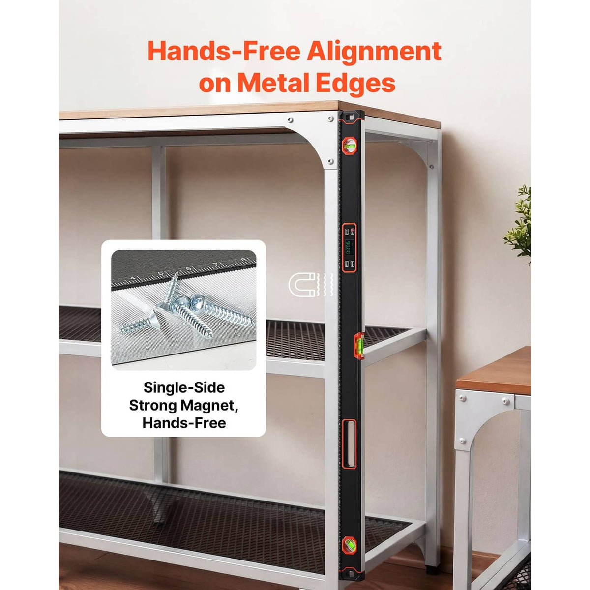Digital level with strong single-side magnet for hands-free alignment on metal