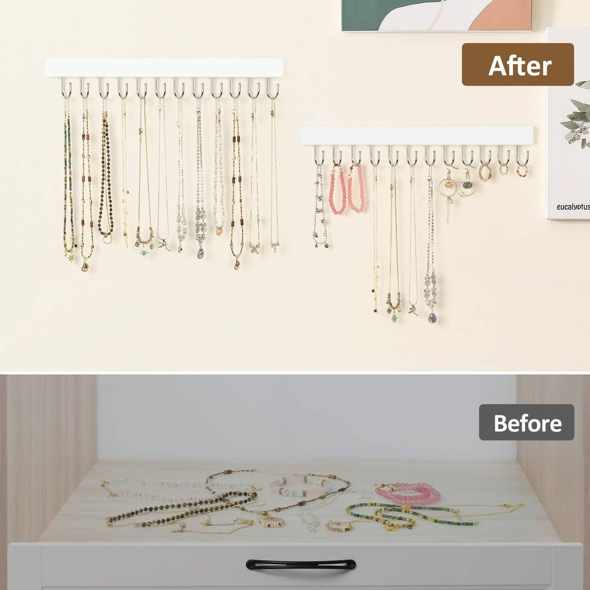 Two white wall-mounted jewelry boards with silver hooks holding layered necklaces