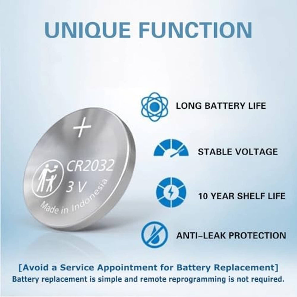 CR2032 3V battery close-up graphic with long battery life and anti-leak protection icons