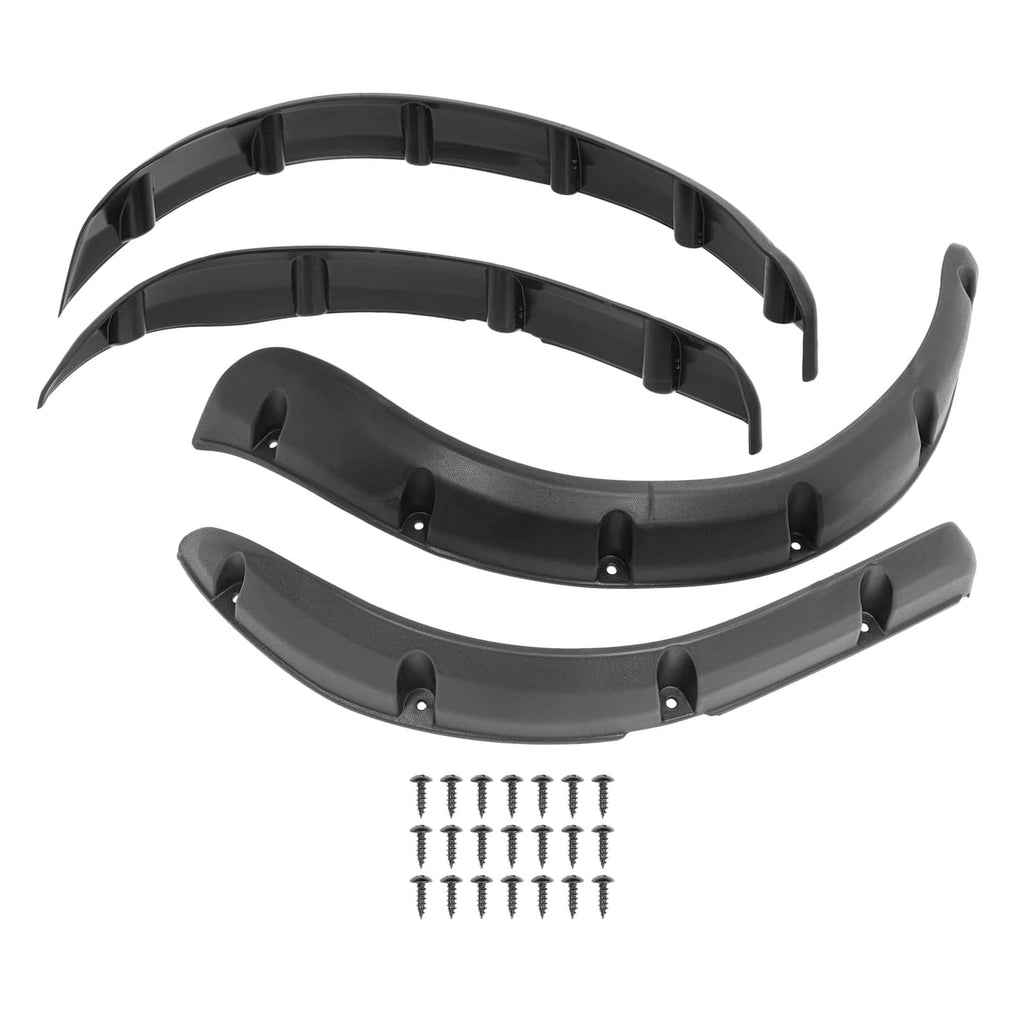 Black 4-piece golf cart fender flare set with mounting brackets and screws