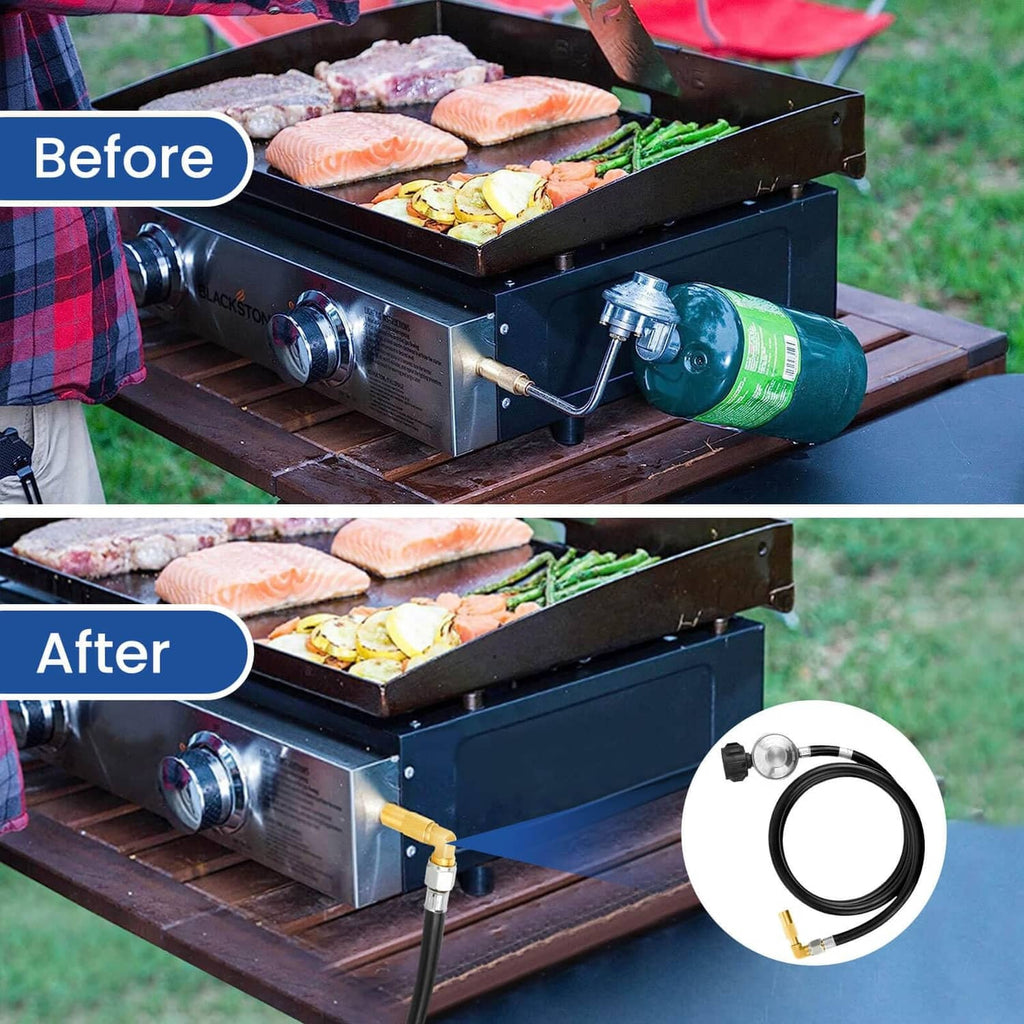 Propane adapter hose with regulator connected to a black grill, brass fitting visible