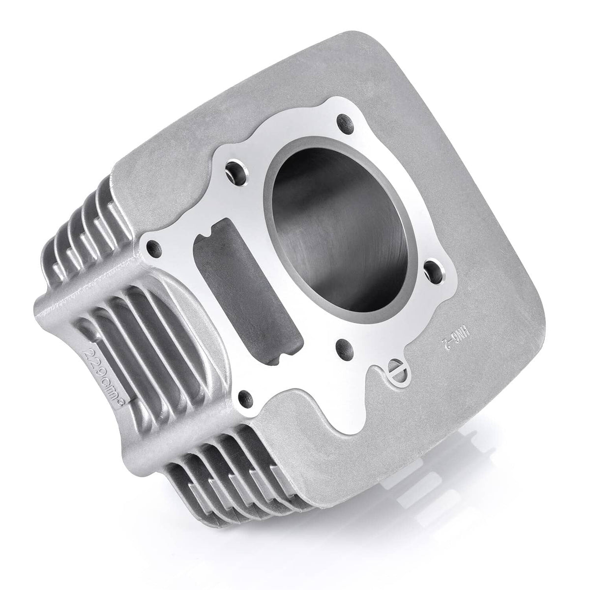 Gray aluminum cylinder block with piston bore opening and mounting bolt holes