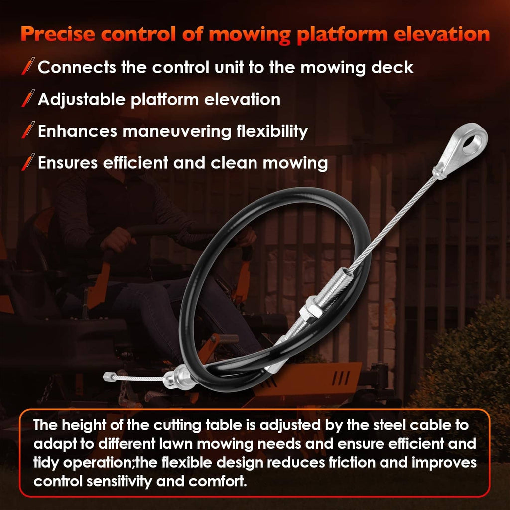 Mower platform elevation control cable with black housing and silver end loop clip