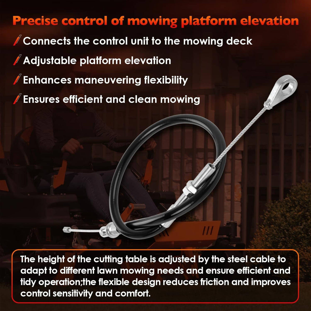 Mower platform elevation control cable with black housing and silver end loop clip
