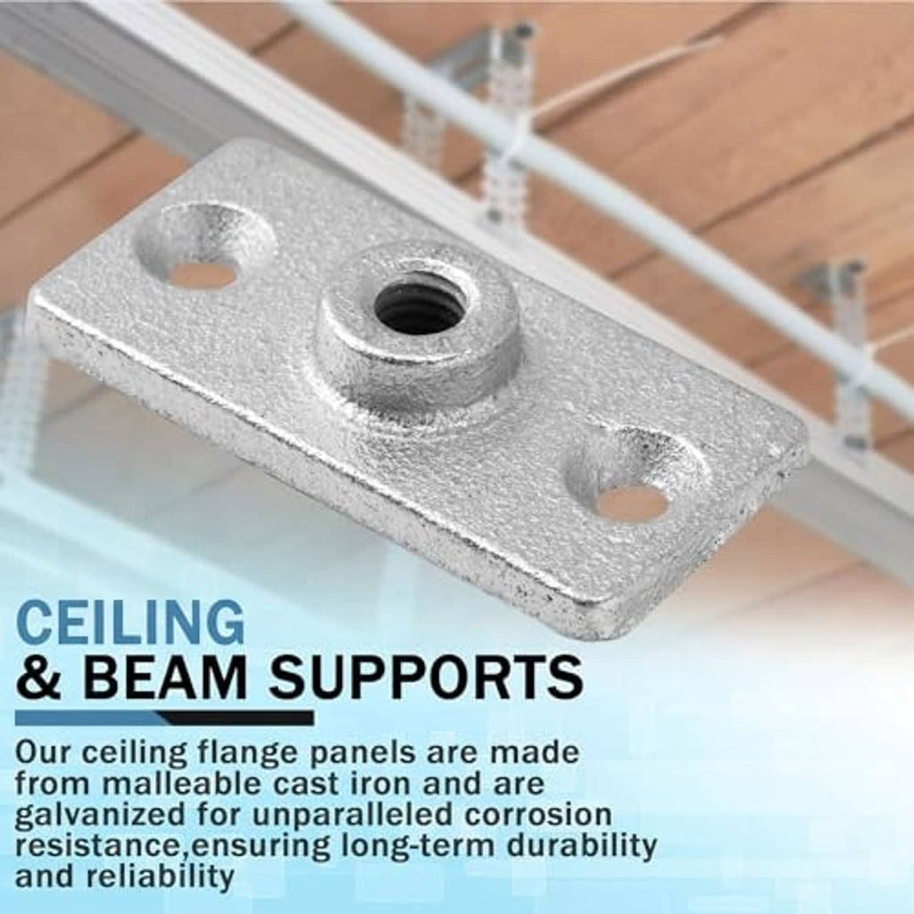 Galvanized ceiling flange hanger plate with long bar mount holes and threaded center bore