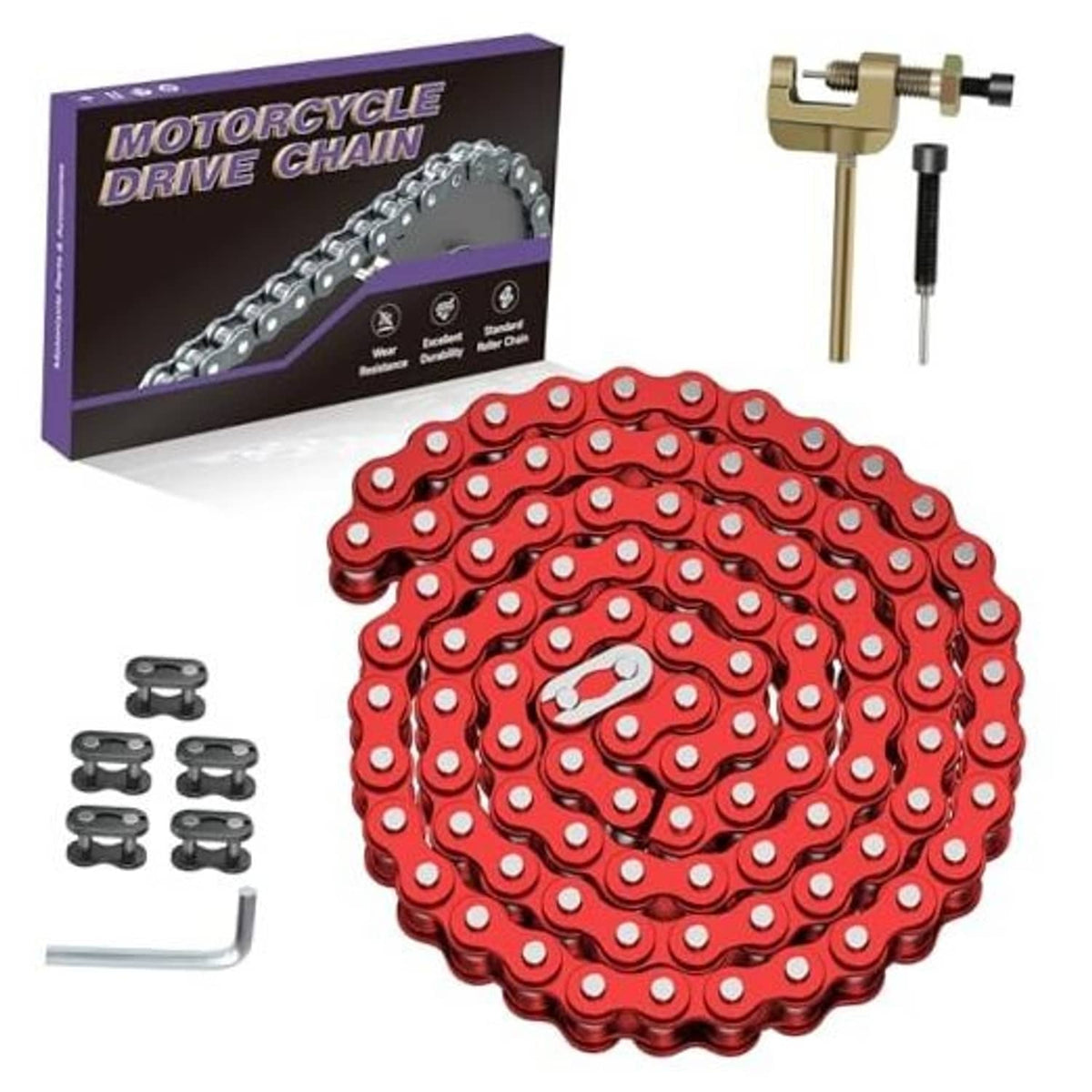 Red go-kart roller chain kit with chain breaker tool and link hardware