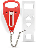 Portable door safety lock set with red locking tool, white plate, and metal chain