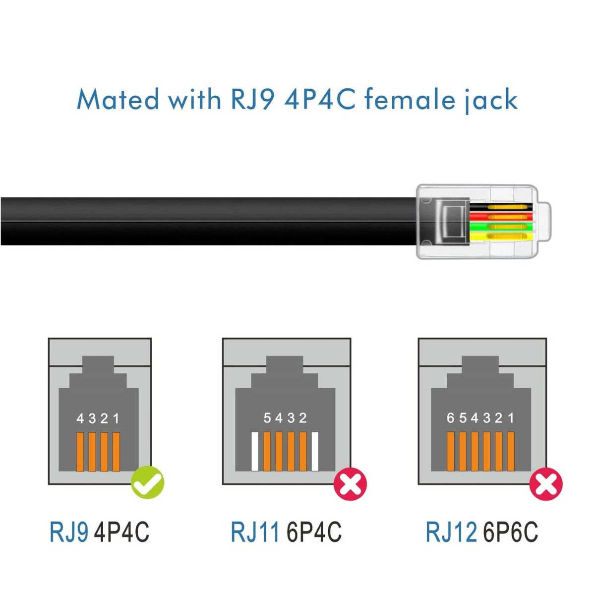 RJ9 4P4C compatible connector on black telephone handset cable with female jack