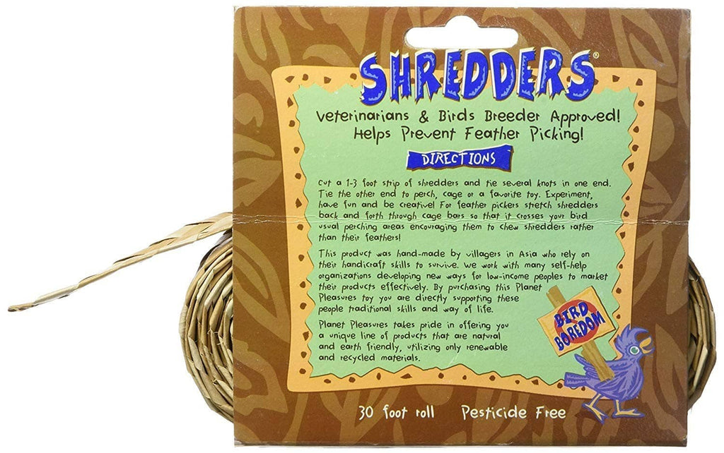 Packaged bird Shredders woven palm-leaf toy, with hanging string