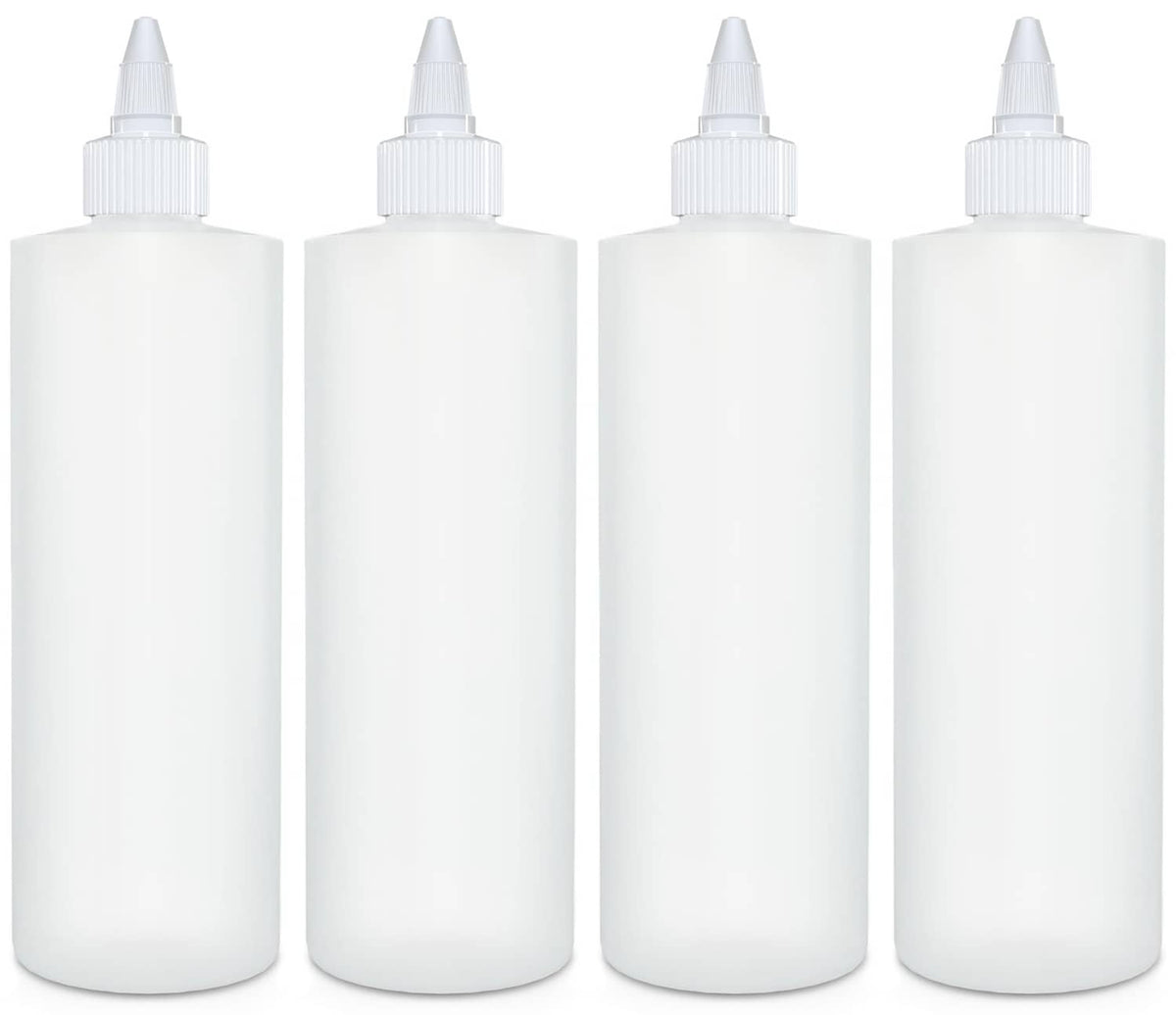 Set of clear condiment squeeze bottles with white twist caps, 16 oz empty bottles