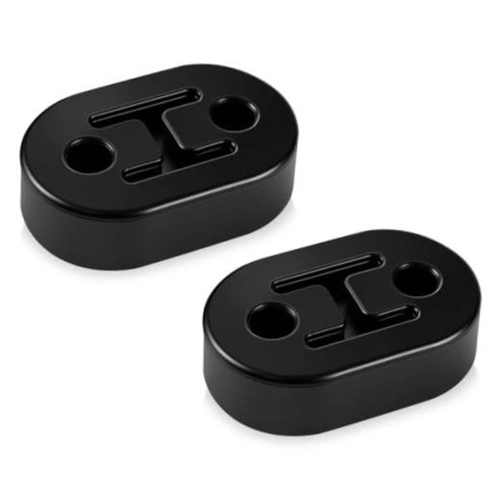 Set of two black rubber exhaust hangers, oval mounting blocks with cutouts