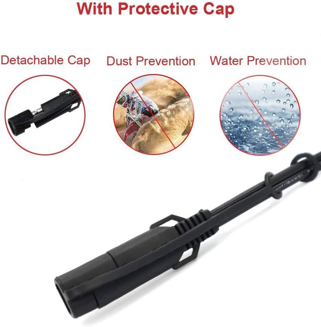 SAE to ring terminal extension cable with protective cap, long black leads and ring ends
