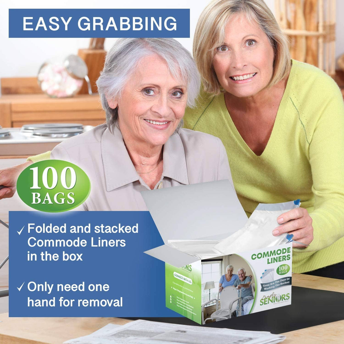 Commode liner bags box with folded white liners visible, labeled 100 bags pack