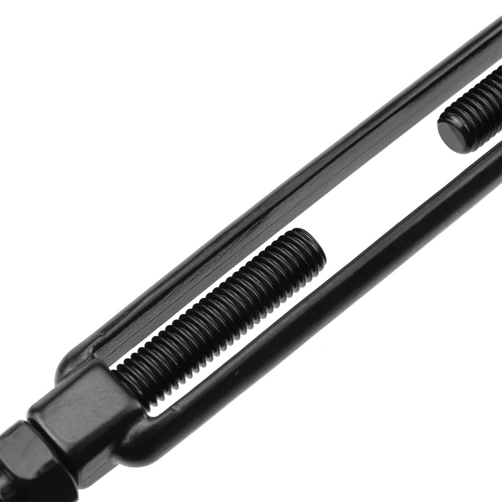 Black threaded turnbuckle rod with adjustment screw and end clamp detail