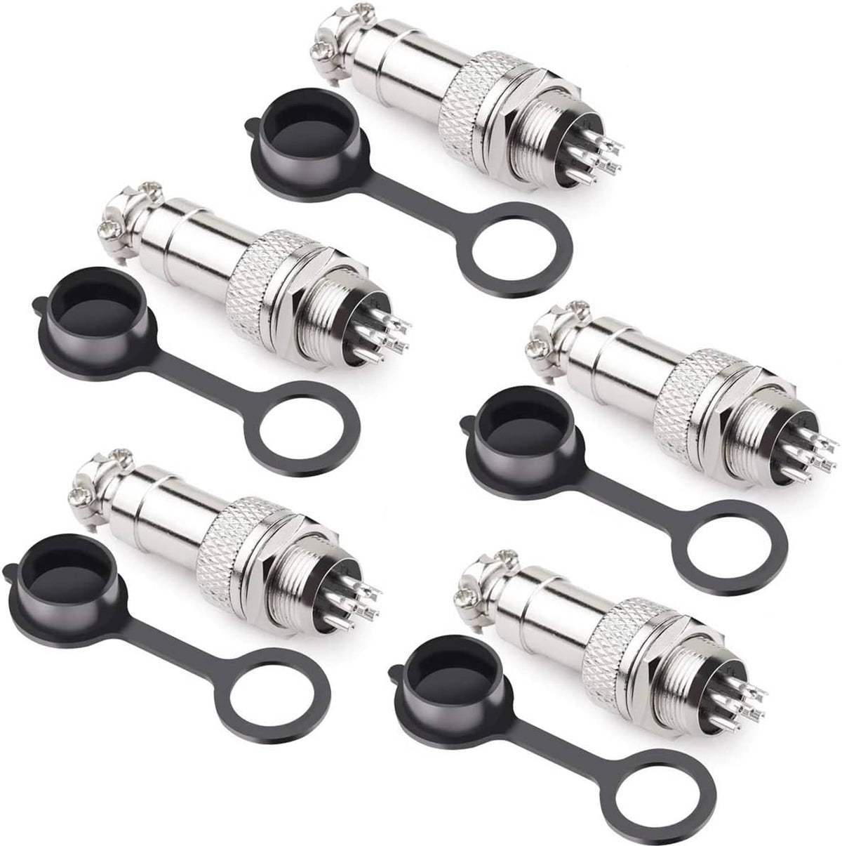 Metal circular male aviation connector adapter set with black mount rings and multi-pin contacts
