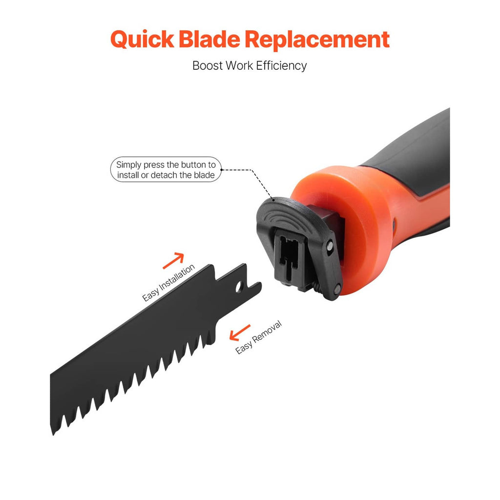 Orange keyhole saw handle with quick blade release mechanism and black blade installed