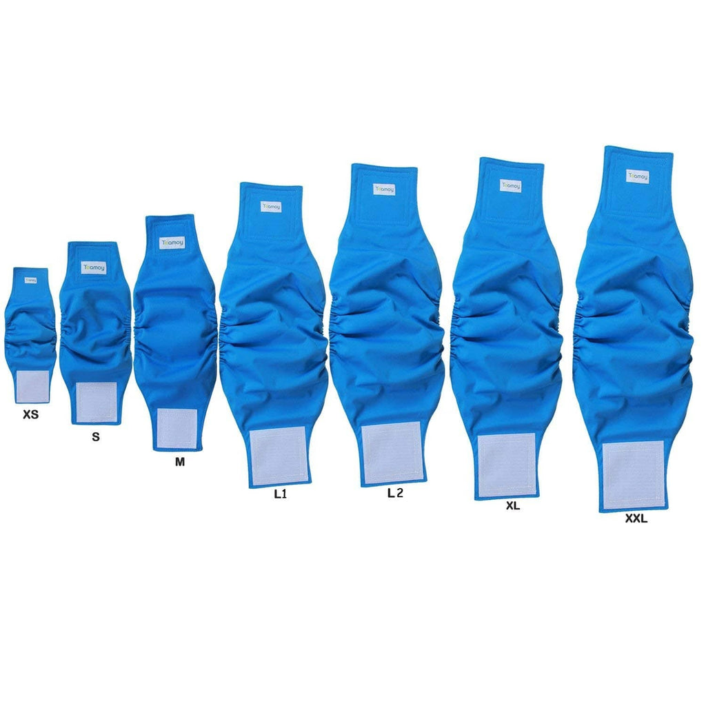 Blue reusable dog belly bands in multiple sizes, XS to XXL with label patches