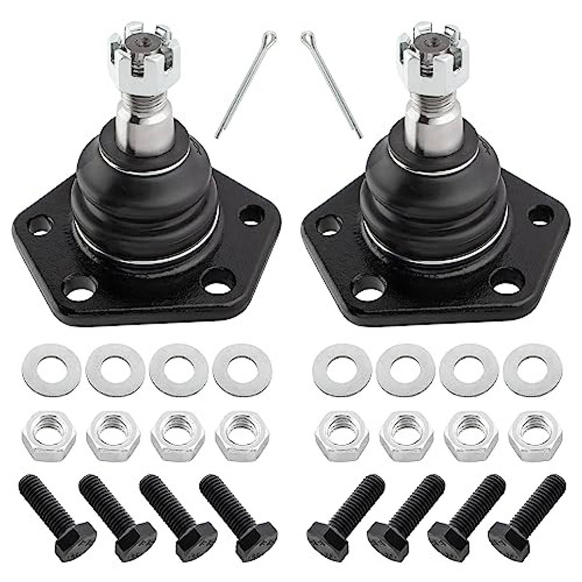 Front ball joint pairs with black boots, flange mounts, and hex nuts