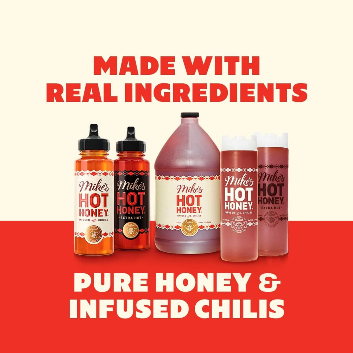 Assorted Mike's Hot Honey bottles in different sizes