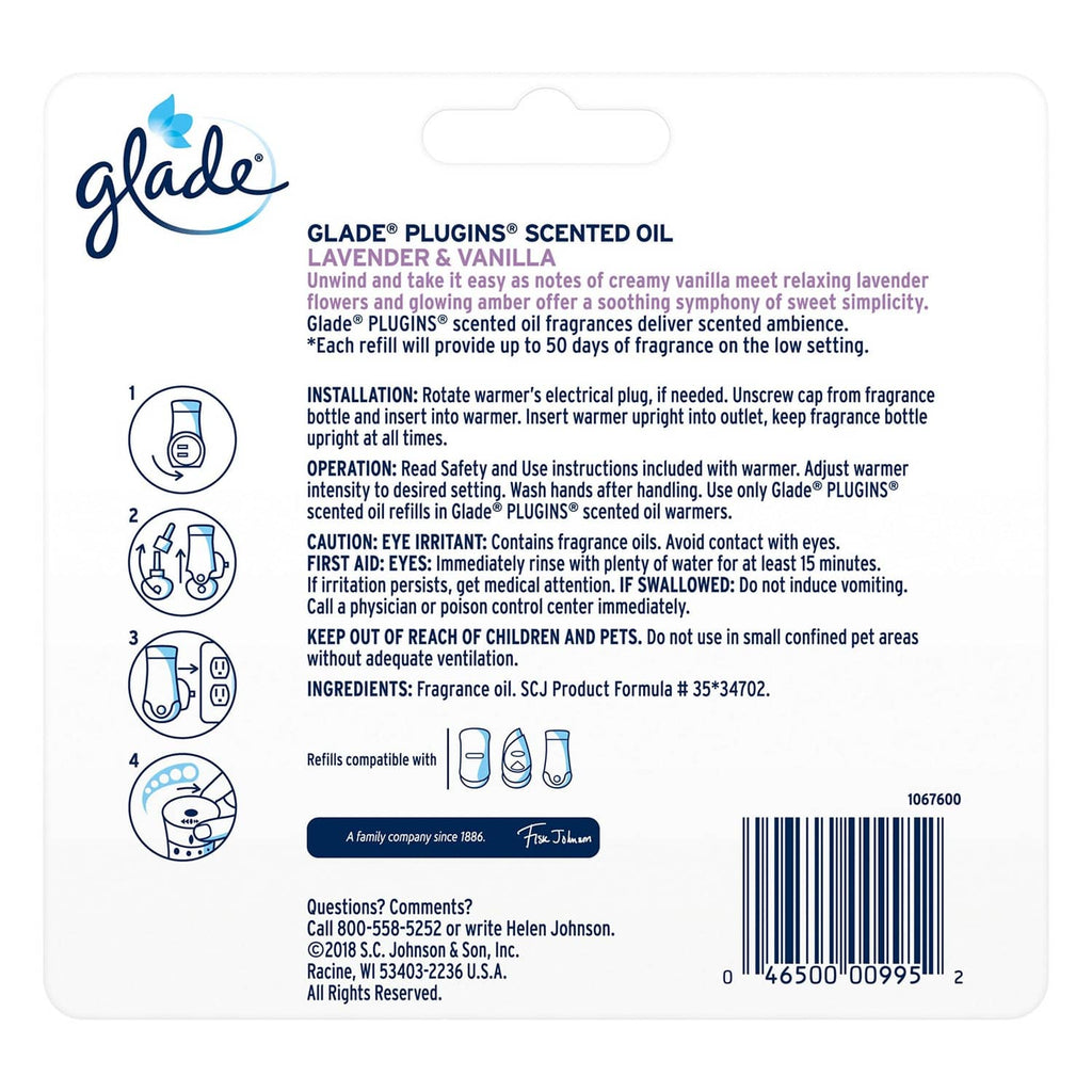 Back label for lavender & vanilla scented oil refills with usage and safety text