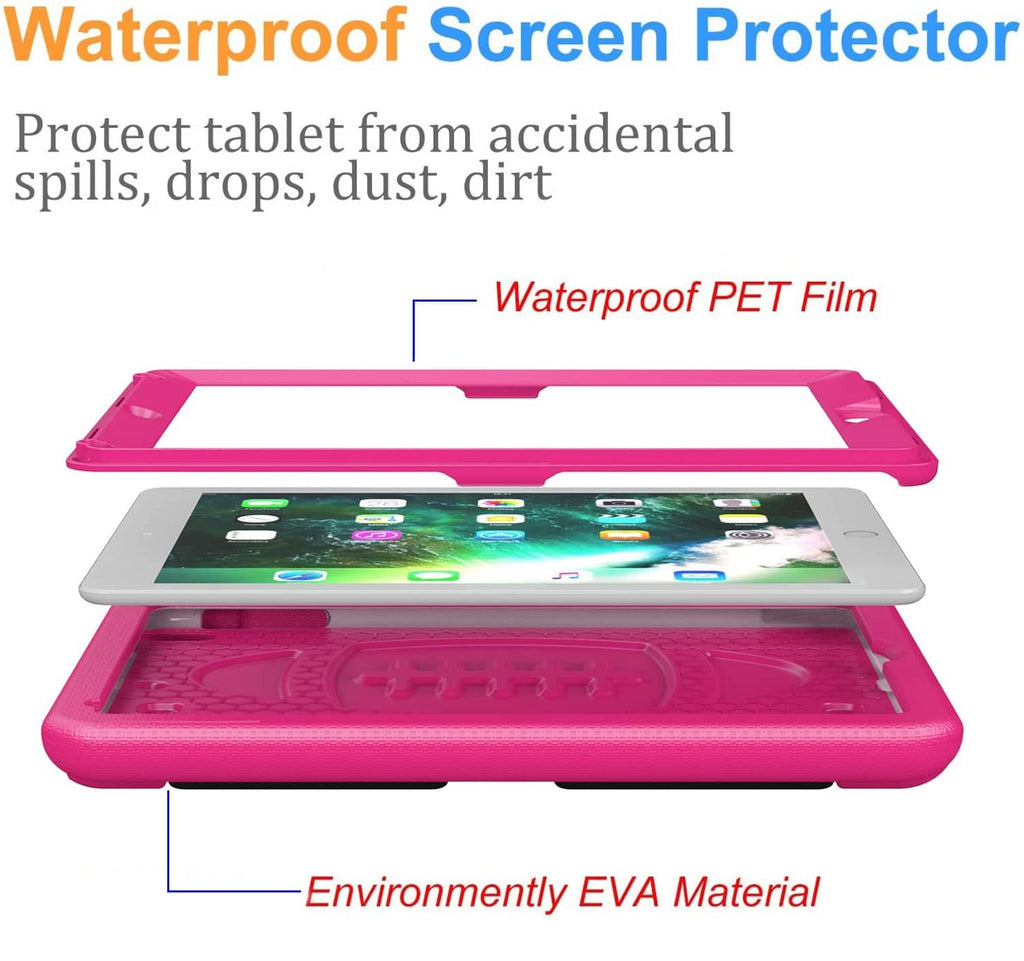 Pink kids iPad case with protective screen cover, front and back enclosed